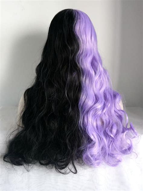 Half Purple And Half Black With Bangs Wavy Synthetic