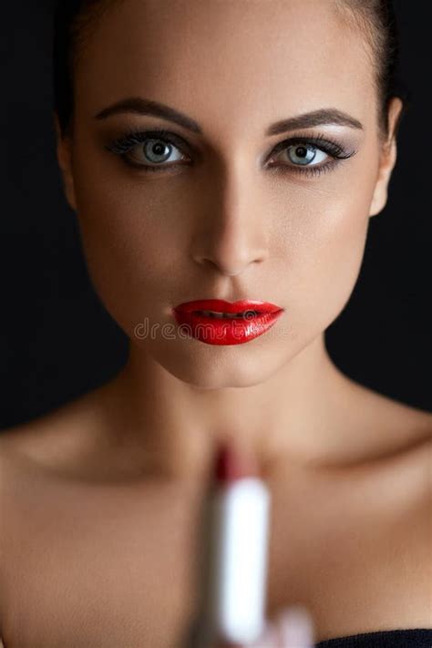 Portrait Of Beautiful Woman With Red Lipstick Red Lips Stock Image
