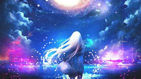 Anime 1920x1080 Anime Anime Girls White Hair Long Hair Sky Stars Clouds