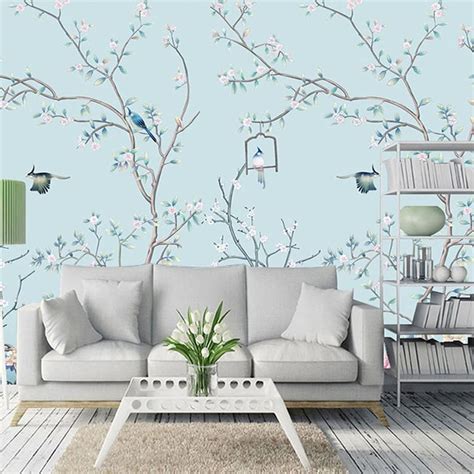 Sky Blue Color Birdsandflowers Wallpaper Wall Mural Flowers Tree Branch