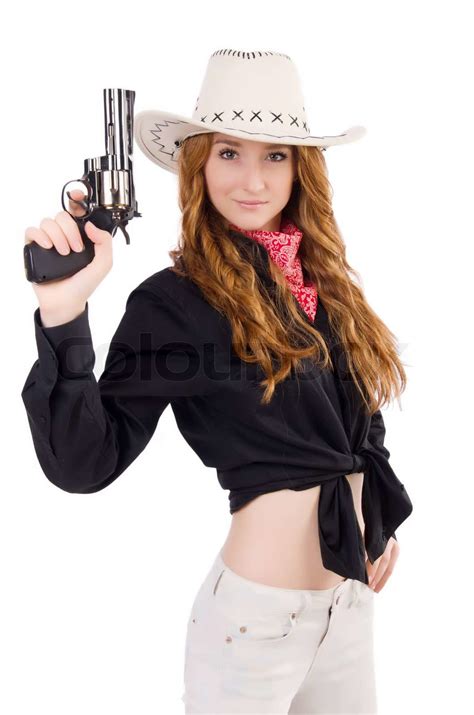 Junges Cowgirl Mit Pistole Isoliert Auf Weiss Stock Bild Colourbox
