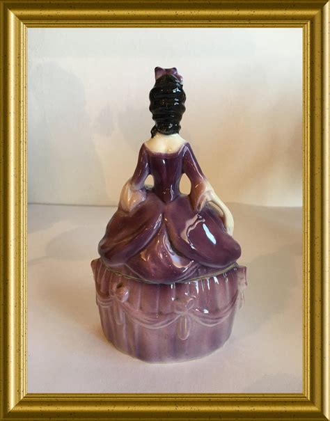 Vintage Ceramic Powder Jar Trinket Box Crinoline Lady