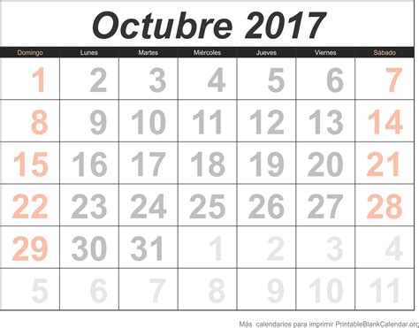 Calendario Octubre En Blanco Para Imprimir