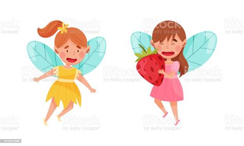 Cute Flying Fairies Set Adorable Happy Winged Girls Cartoon Vector