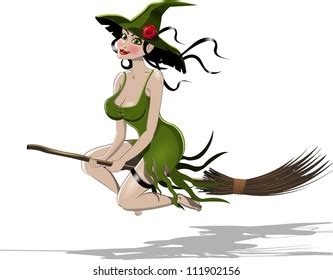 Illustration Beautiful Sexy Witch Riding Broom Stock Vector Royalty