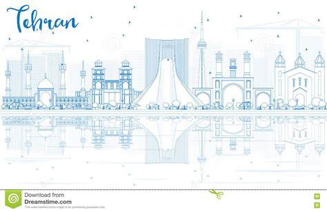 Outline Tehran Skyline With Blue Landmarks And Reflections Stock