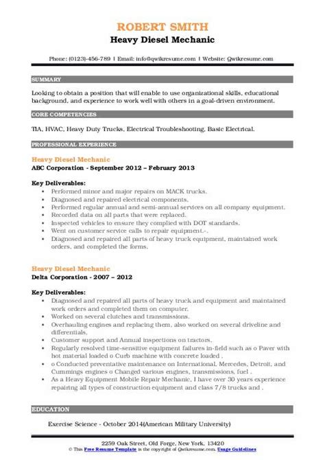 Heavy Diesel Mechanic Resume Samples Qwikresume