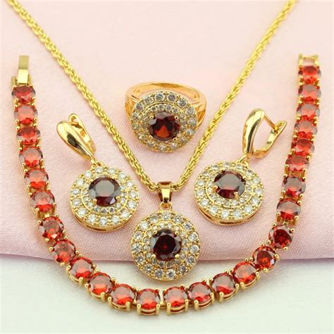 Wpaitkys Red Cubic Zirconia Gold Color Jewelry Sets For Women Wedding Jewelry Drop Earrings