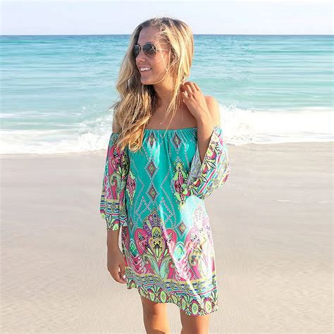 Women Sexy Summer Beach Dress Plus Size Off Shoulder Bohemian Beach Floral Print Dress Short