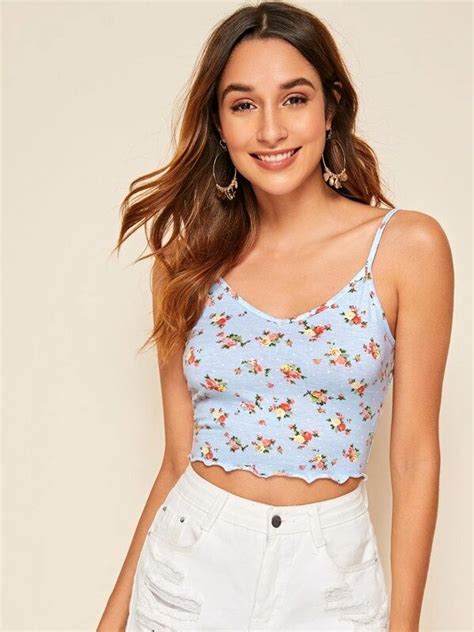 Shein Ditsy Floral Lettuce Edge Cropped Cami Top Cami Crop Top Crop