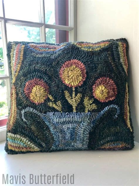Folk Art Primitive Wool Hooked Rug Flower Basket Pillow Etsy Rug