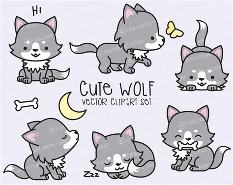 Premium Vector Clipart Kawaii Wolf Cute Wolves Clipart Set Etsy