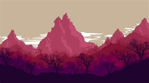 Wallpaper Mountains Digital Art Artwork Trees Pink Sky Nature