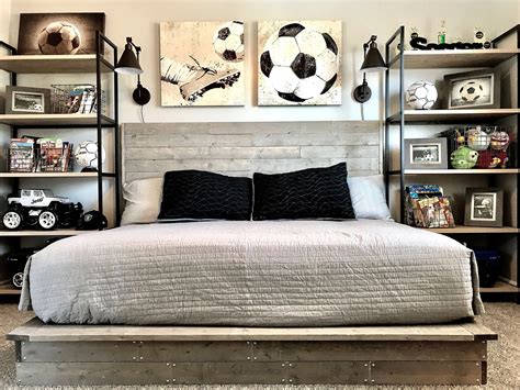Stay hydrated at youth football tryouts and youth football practice. Industrial style boy soccer themed bedroom. DIY handmade ...