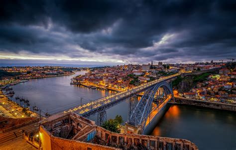 Wallpaper Bridge River Portugal Night City Portugal Vila Nova De