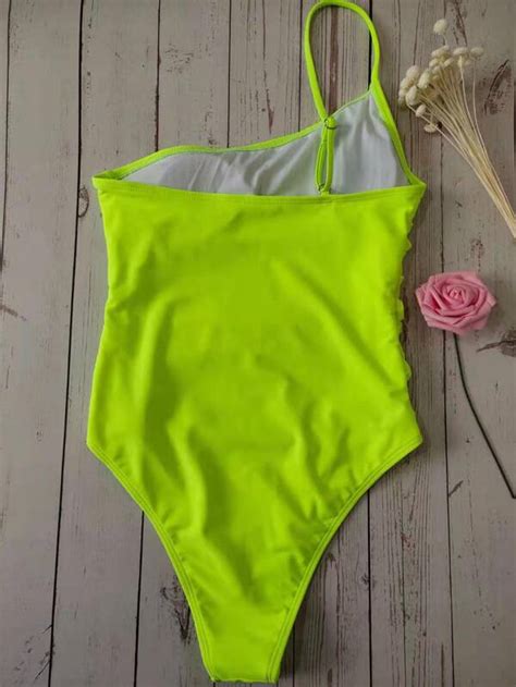 SHEIN Swim Vcay Neon Lime Ruched One Shoulder One Piece Swimsuit