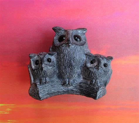 Vintage Soapstone Carved Owl Trio Figurine W Glass Eyes Etsy