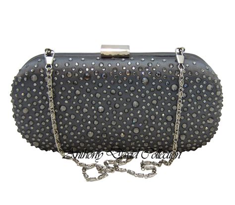 Pewter Dark Silver Gray Satin Clutch Purse Evening Bag With Crystals