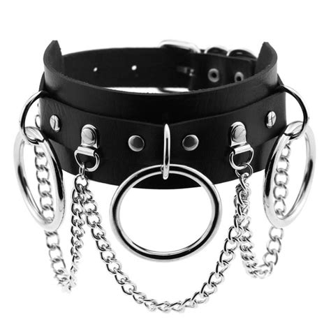 Woman Man Punk Leather Bondage Collar With Large 3 Rings Choker And Chains O Ring Bdsm Slave