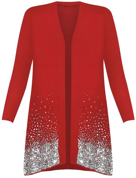 Ladies Christmas Sparkle Sequin Open Front Long Sleeve Top Plus Size