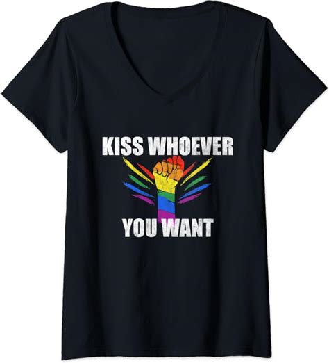 Womens Kiss Whoever You Want Lgbt Q Pride Gay Proud Ally Rainbow V Neck T Shirt Uk