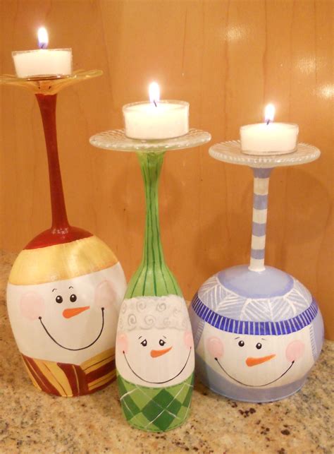 Wine Glass Snowmen Candle Holders Set Of 3 By Neatstuf On Etsy