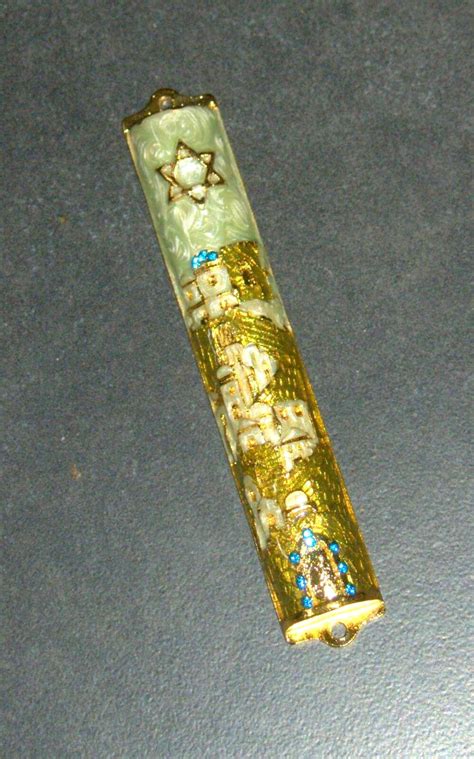 Judaica Mezuzah Case Gold Pearl Enamel Decorated Jeweled Blue Crystals