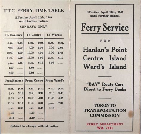 Toronto Ttc Ferry Schedule To Islands 1940 Ferry Downtown Toronto Ttc