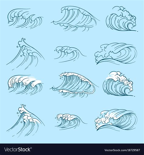 Sketch Ocean Waves Hand Drawn Sea Storm Wave Vector Image