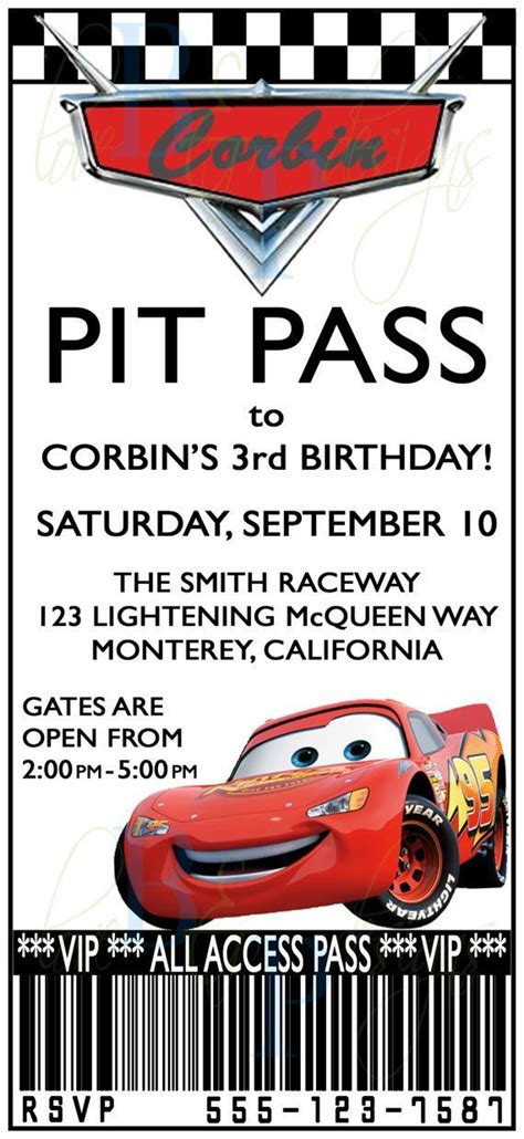 birthday invitations  printable cars pit pass