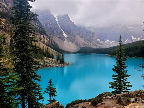 Moraine Lake At Banff National Park In Alberta Canada On A Cloudy Day