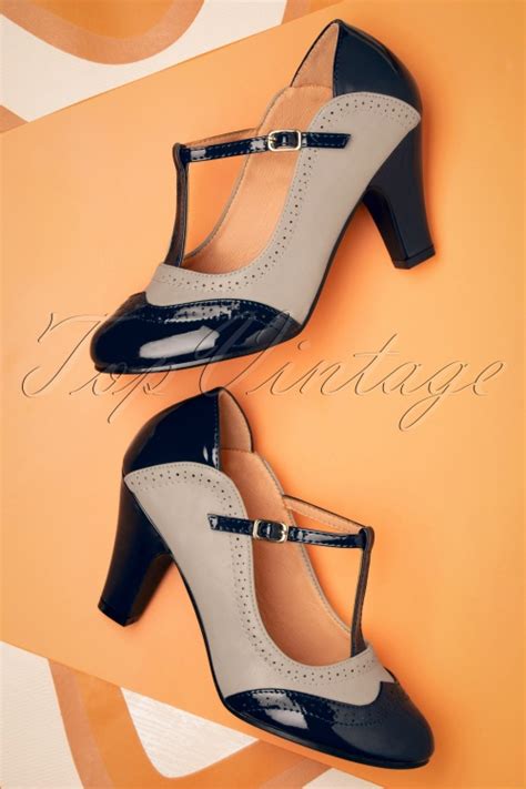 S Diva Blues T Strap Pumps In Navy And Grey