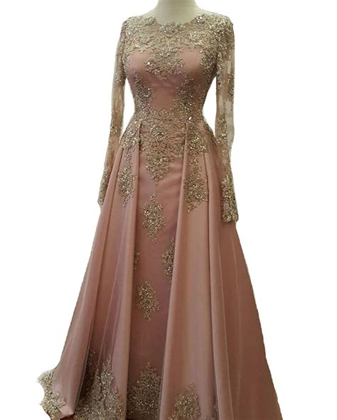 Fighouor 2018 Beaded Gold Pink Prom Dresses With Lace Long Sleeves Muslim Evening Gowns Wholehalal