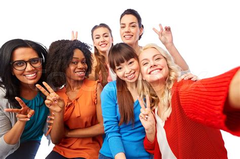 International Group Of Happy Women Taking Selfie Stock Image Colourbox