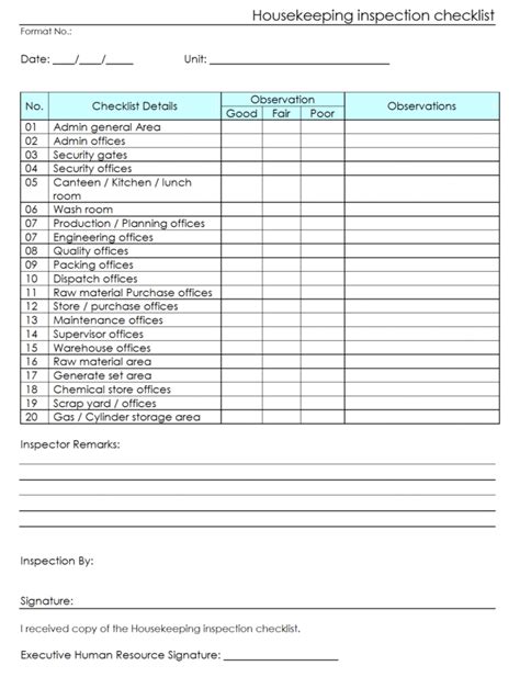 Editable Workplace Housekeeping Inspection Checklist For Factory