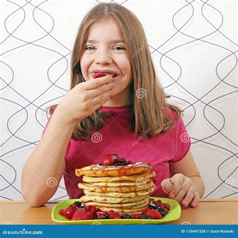 Hungry Little Girl Eat Pancakes Stock Photo Image Of Food Snack