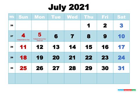 Free Printable July 2021 Calendar With Holidays As Word Pdf Free