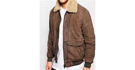 Wrangler Leather Bomber Jacket Sherpa Collar In Brown For Men Lyst