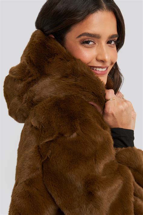 Hooded Faux Fur Jacket Brown Na Kd