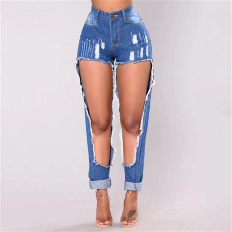 Plus Size XL Women Cool Babefriend Style Jeans Hole Destroyed Ripped Distressed Slim Denim Jeans