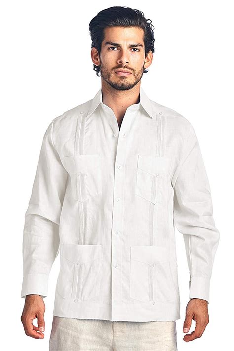Men S Premium Cuban Beach Long Sleeve Button Up Linen Guayabera Dress Shirt White Xl
