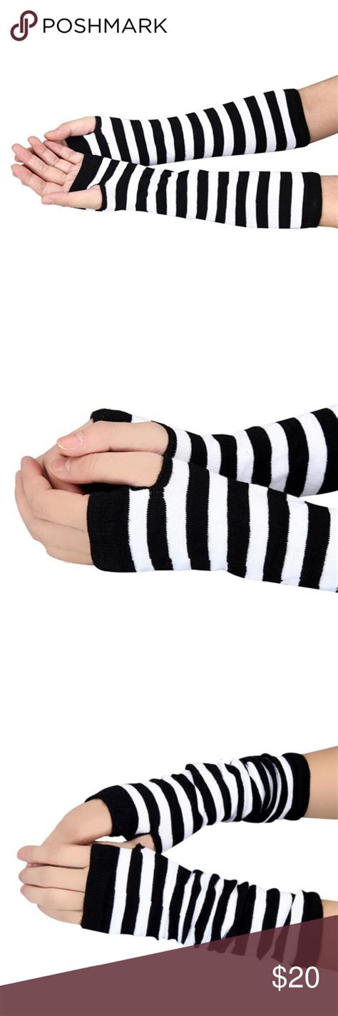 arm warmer black and white stripe fingerless gloves one pair of cute super soft and stretchy