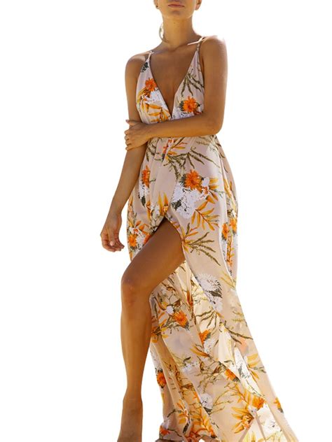 Berrygo Womens Sexy Deep V Neck Backless Floral Print Split Maxi Party Dress Beachwear Central