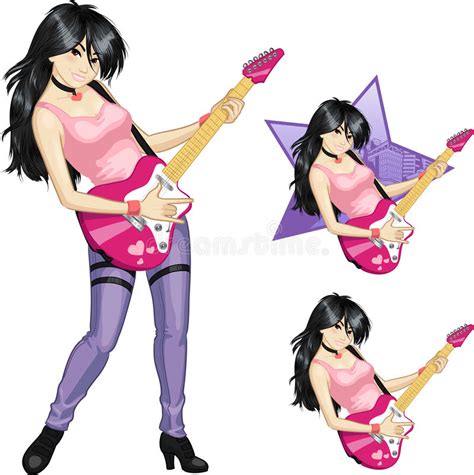 Rock Star Guitarist Asian Girl In Cartoon Style Stock