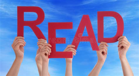 Many People Hands Holding Red Word Read Blue Sky Stock Photo Image Of