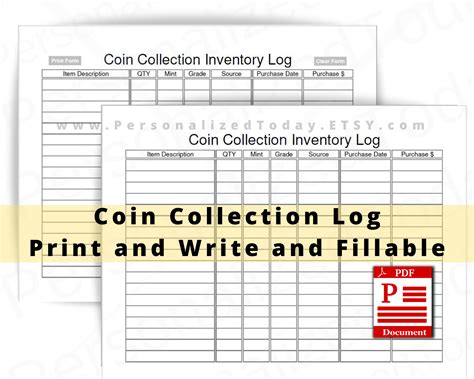 Coin Collection Inventory Log Print And Write And Fillable Pdf Etsy