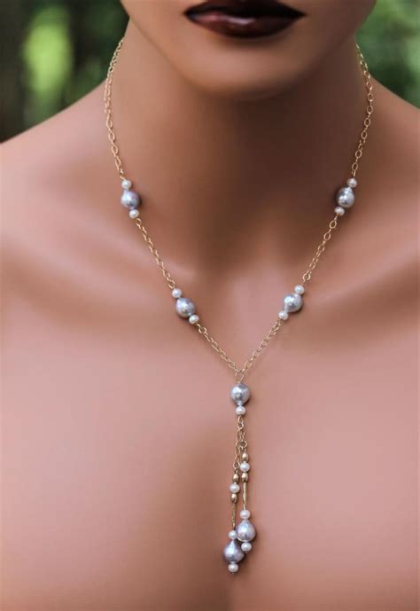 Lariat Pearl Necklace Freshwater Pearl Natural Gray Pearls Etsy Canada Pearl Lariat Necklace