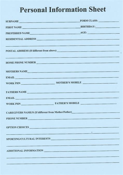 Printable Personal Info Personal Information Form Printable Forms