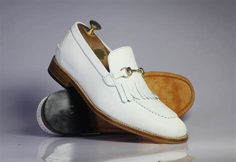 New Handmade Mens White Fringe Loafer Leather Shoes Men Dress Slip On
