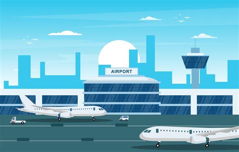 Aircraft Plane In Runway Airport Terminal Building Landscape Skyline Illustration 1984630 Vector